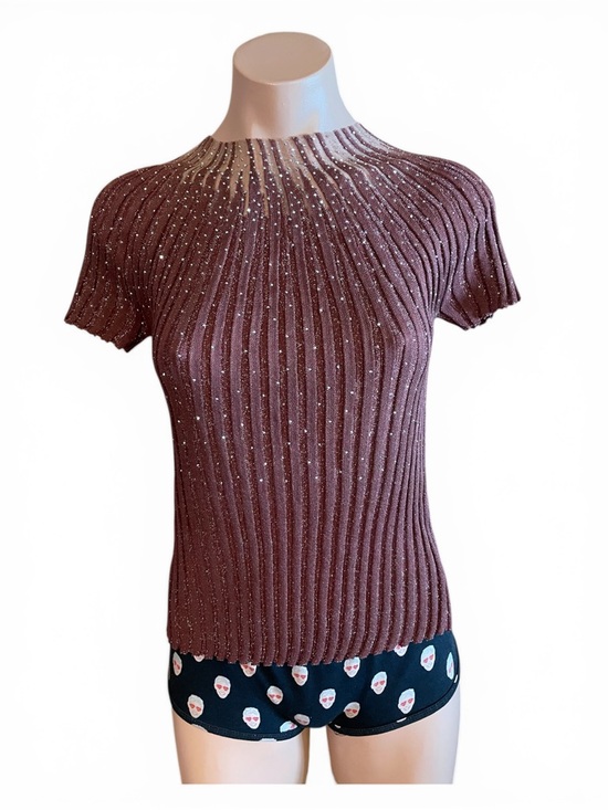 Anewsta Tops - Anewsta Women’s Small Burgundy Ribbed Rhinestone Short Sleeve Knit Blouse